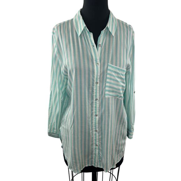Grand & Green Green White Top Rayon Striped Pleated Button-Up Size Medium M - Picture 1 of 9